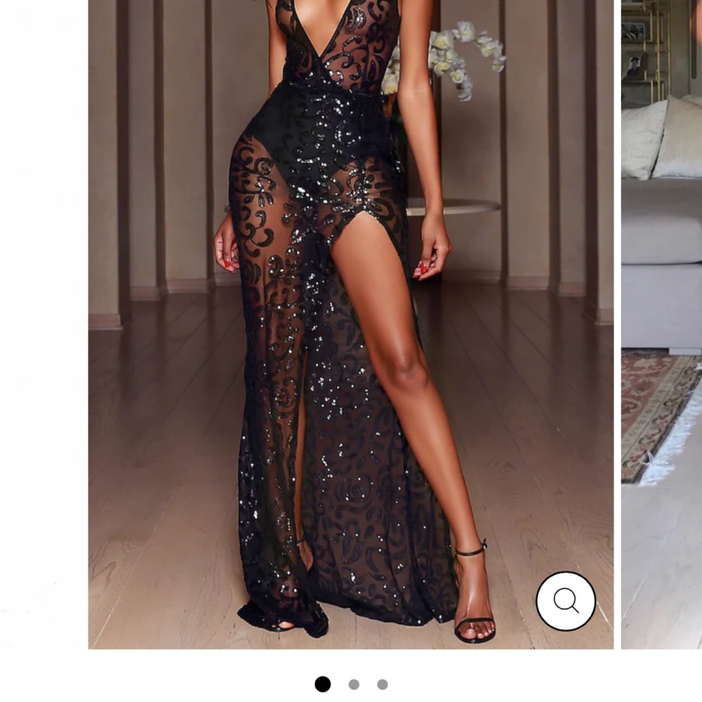 Black Sequin Sheer 2 piece Dress with High Slit